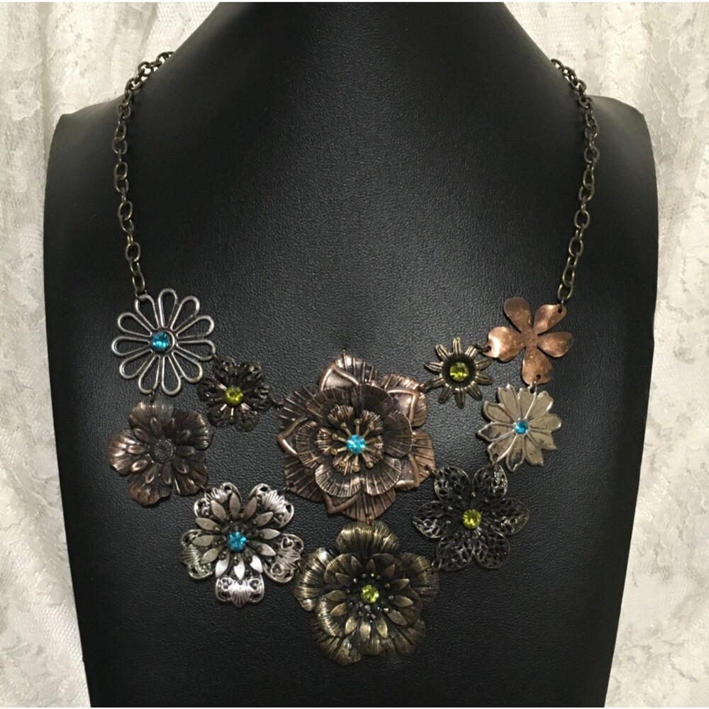 Icing Flower Bib Chain Necklace Vtg Rhinestones Copper Gold Silver Tone